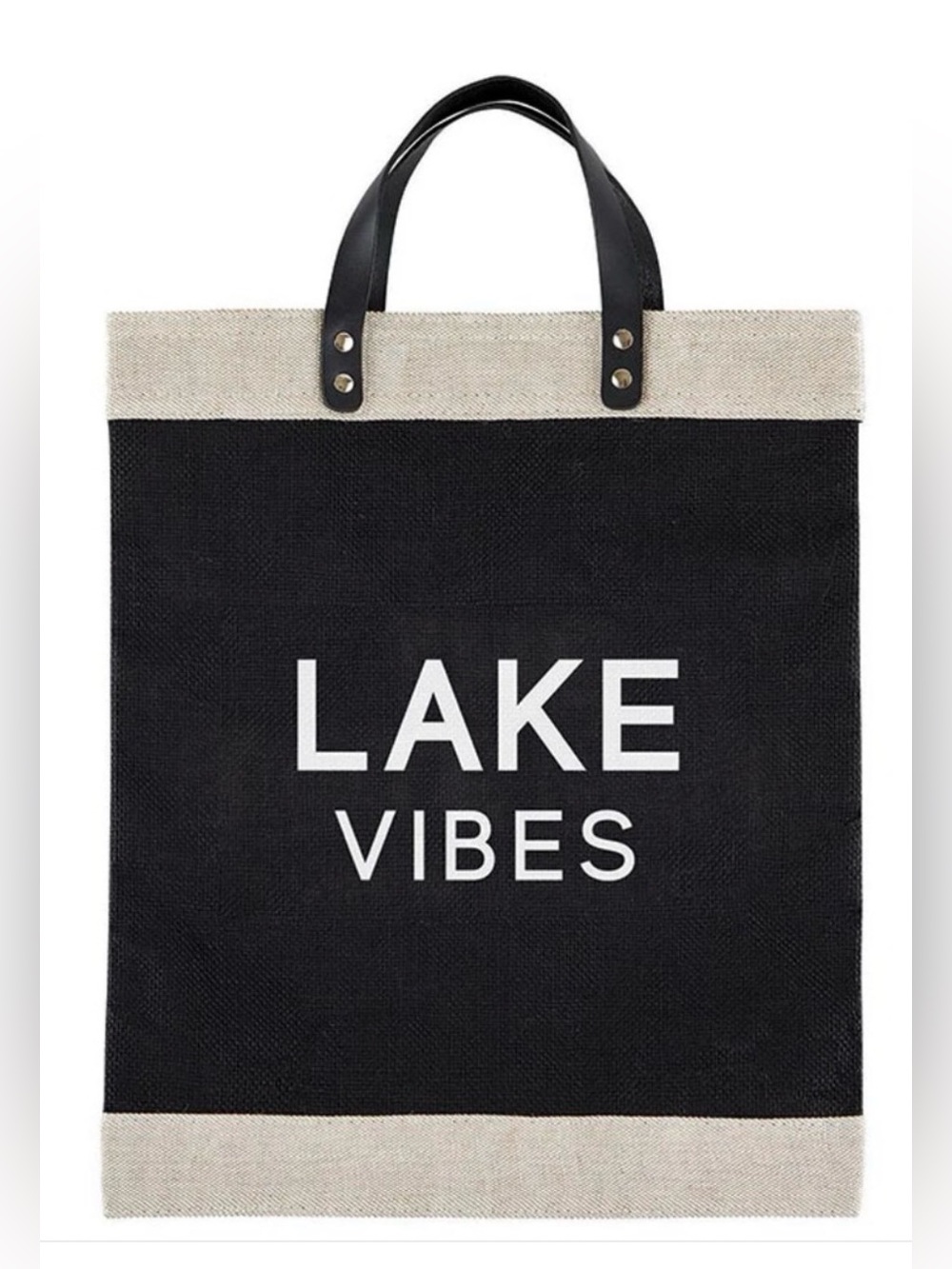 Black 'Lake Vibes' Jute Tote with Leather Handles NEW